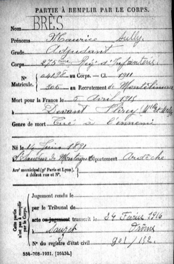 Acte de naissance BRES Maurice Sully N  St-Sauveur de Montagut (Ardche), fils du Pasteur Paul Sully Brs