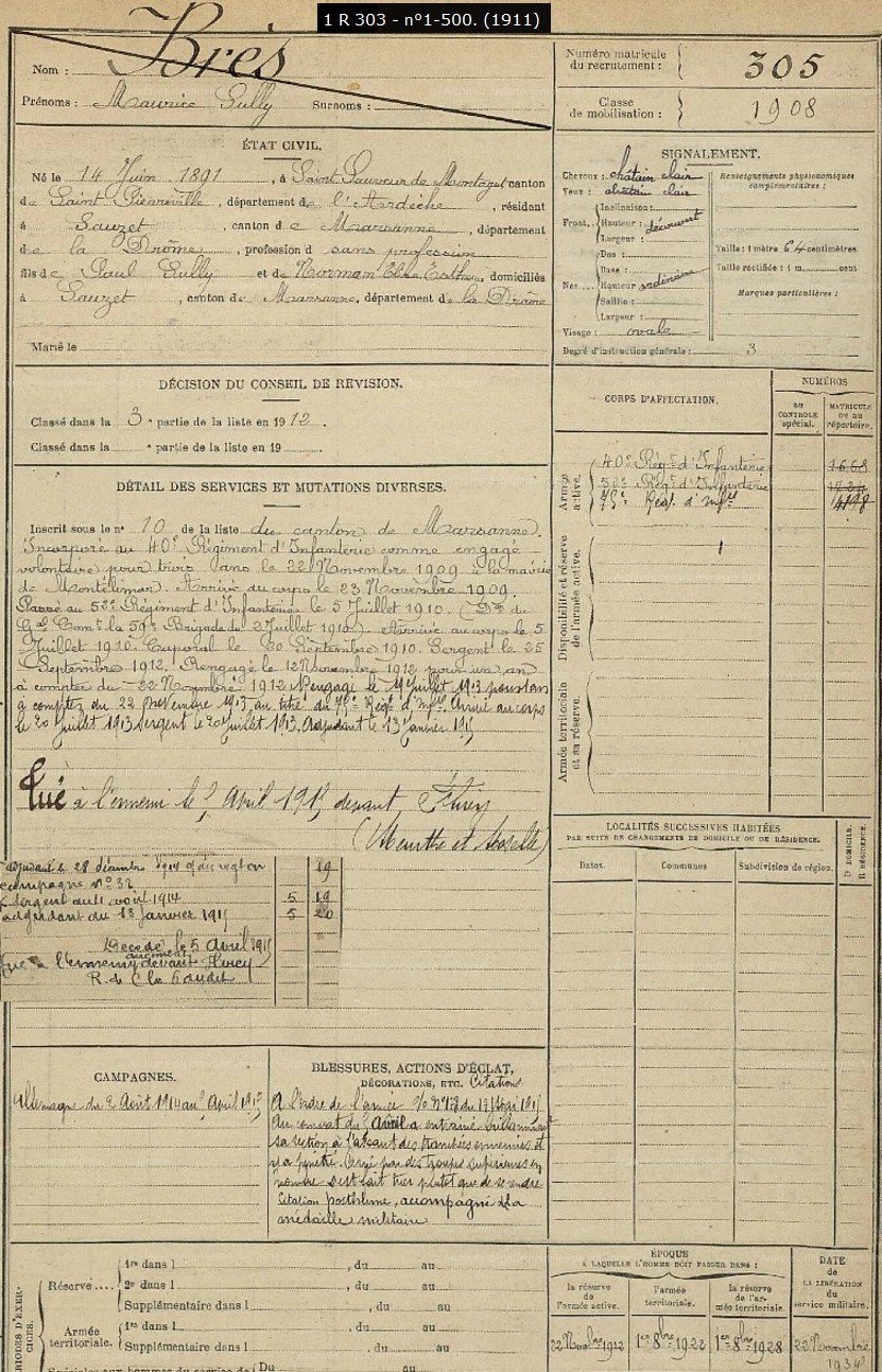 Fiche MPLF de BRES Maurice Sully (1891-1915)