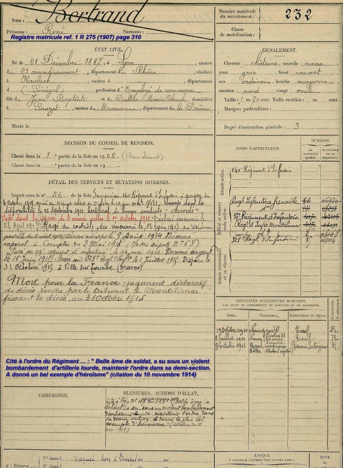 Fiche MPLF de BERTRAND Ren (1887-1915)