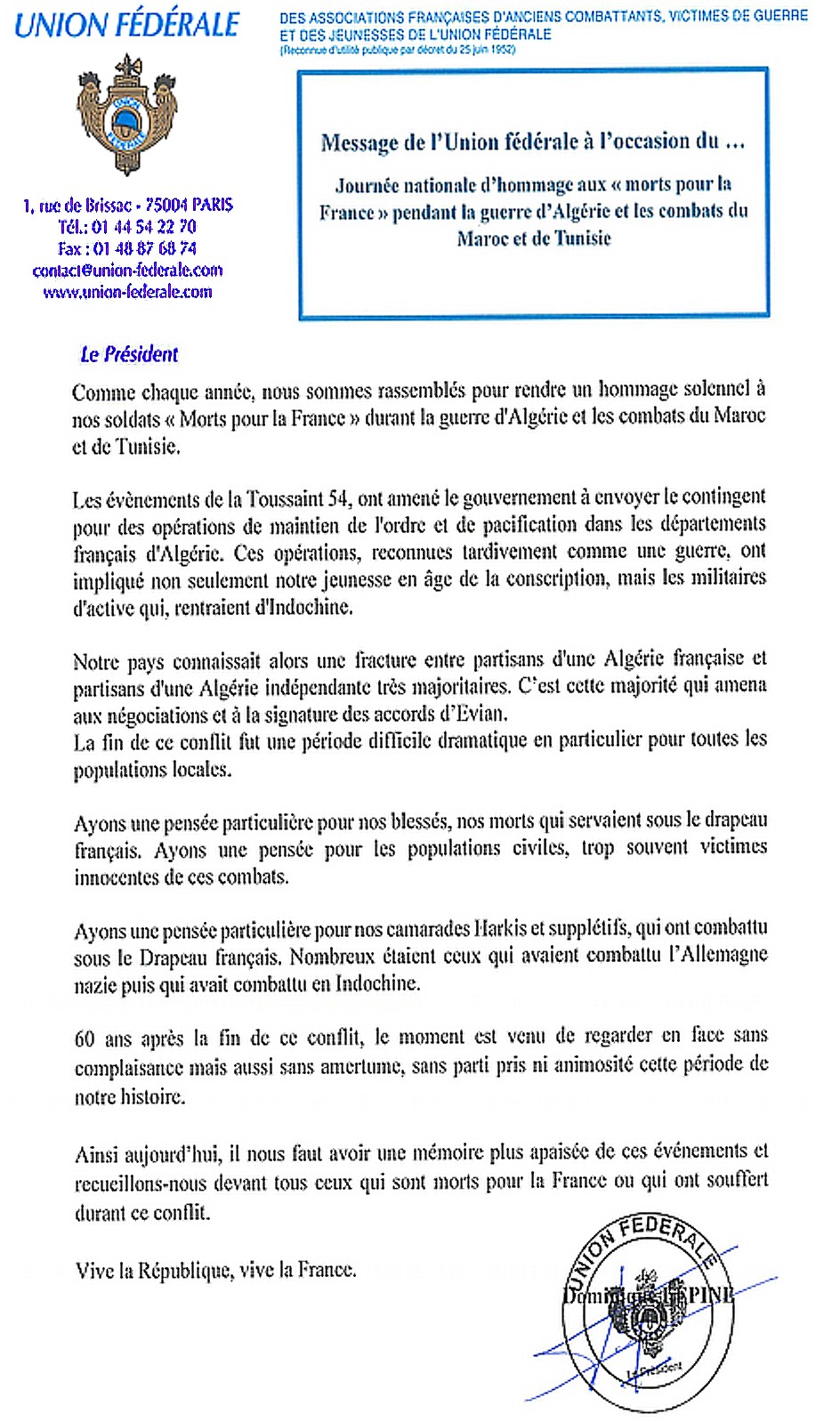 Message de l'UFAC
